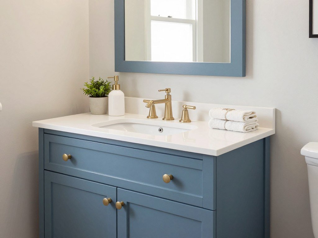 Completed bathroom vanity makeover with new hardware and styling