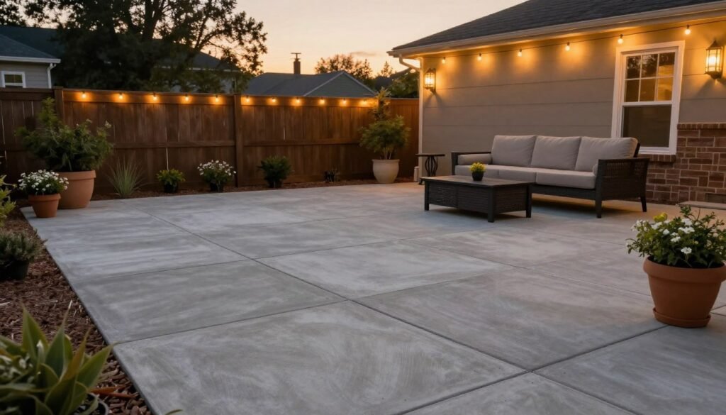 Completed budget paver patio with furniture and decorations