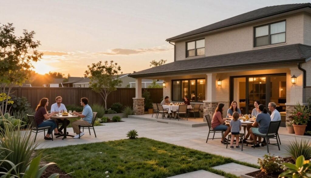 Completed dream backyard with people enjoying the space at sunset