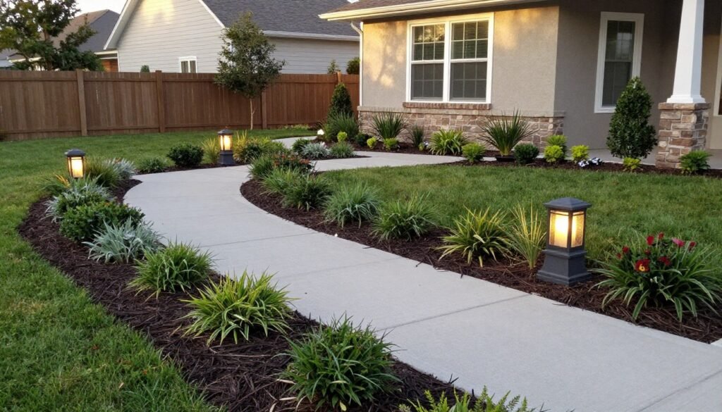 Completed front landscaping project showing a harmonious blend of pathways, plants, and decorative elements creating curb appeal