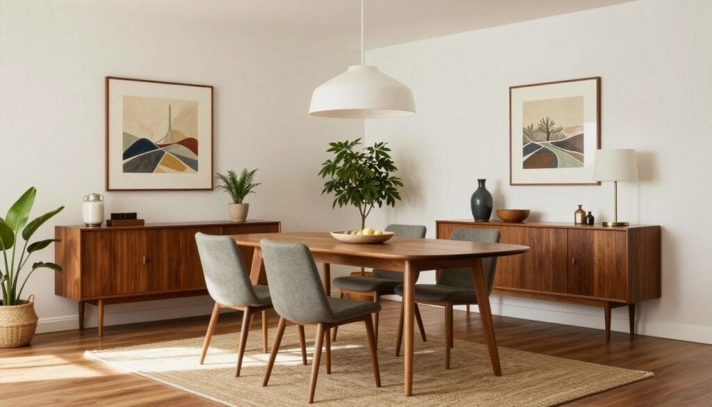 Completed mid century modern dining room with all elements harmoniously combined