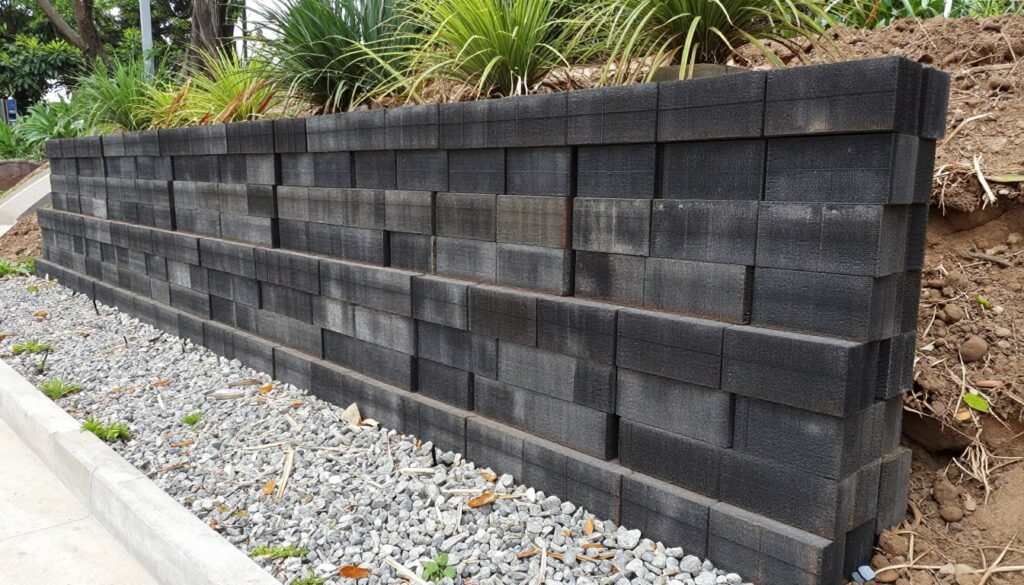 Completed railroad tie retaining wall with proper construction techniques visible Completed railroad tie retaining wall with proper construction techniques visible