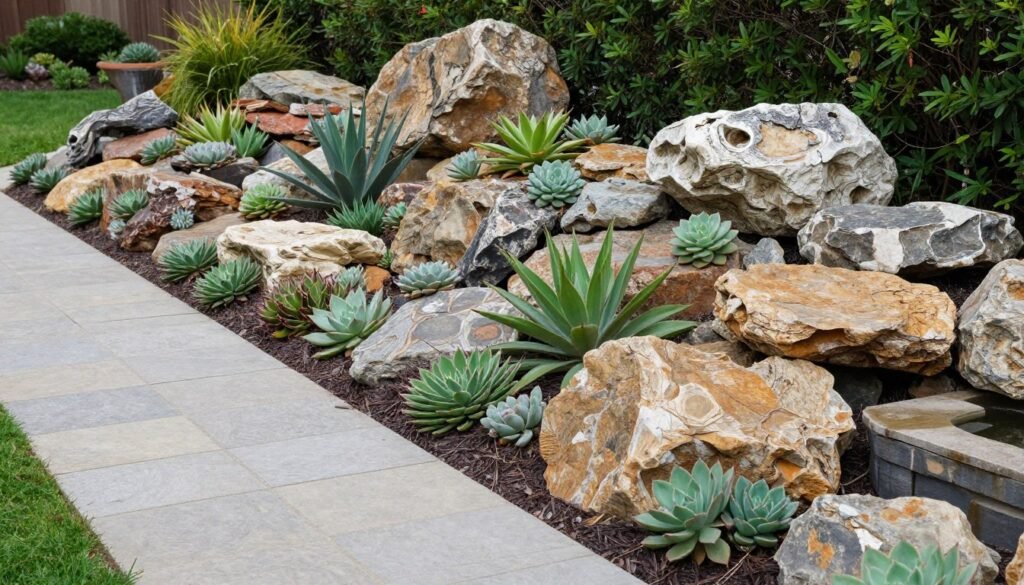 Completed rock landscape garden with various elements and plants Completed rock landscape garden with various elements and plants
