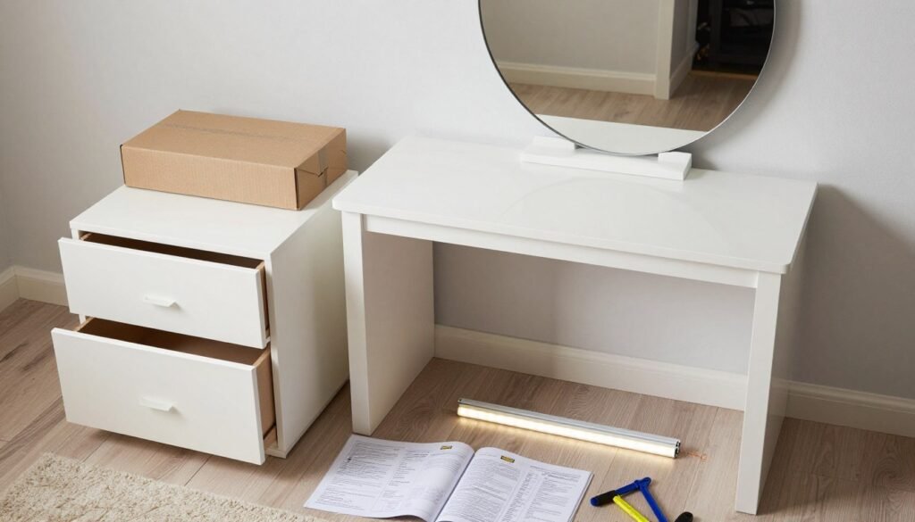 Components for IKEA hack makeup vanity laid out before assembly Components for IKEA hack makeup vanity laid out before assembly