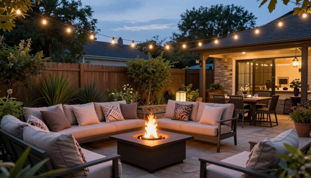 Comprehensive cozy backyard with multiple elements including seating, lighting, fire feature, and lush plants