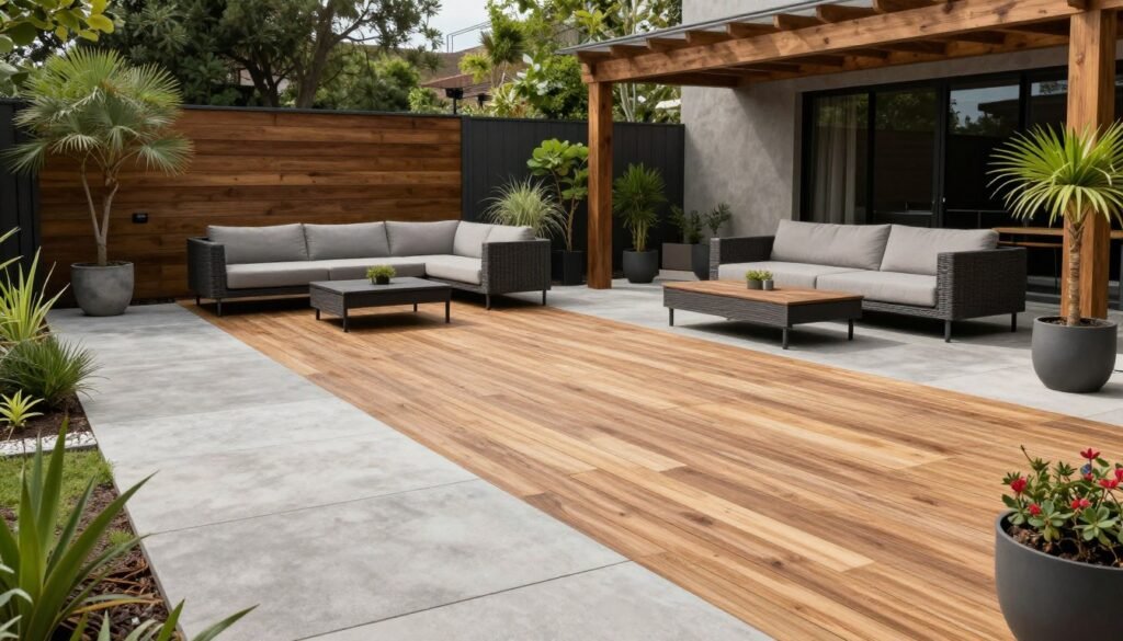 Concrete and wood patio with alternating materials creating a warm, modern aesthetic