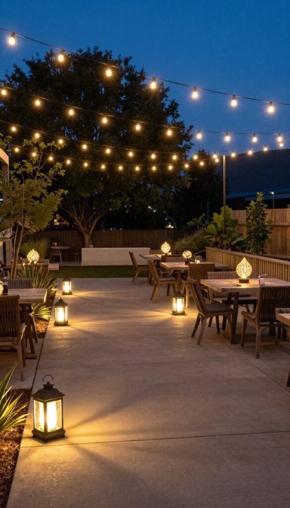 Concrete patio at dusk with string lights, lanterns, and solar path lights