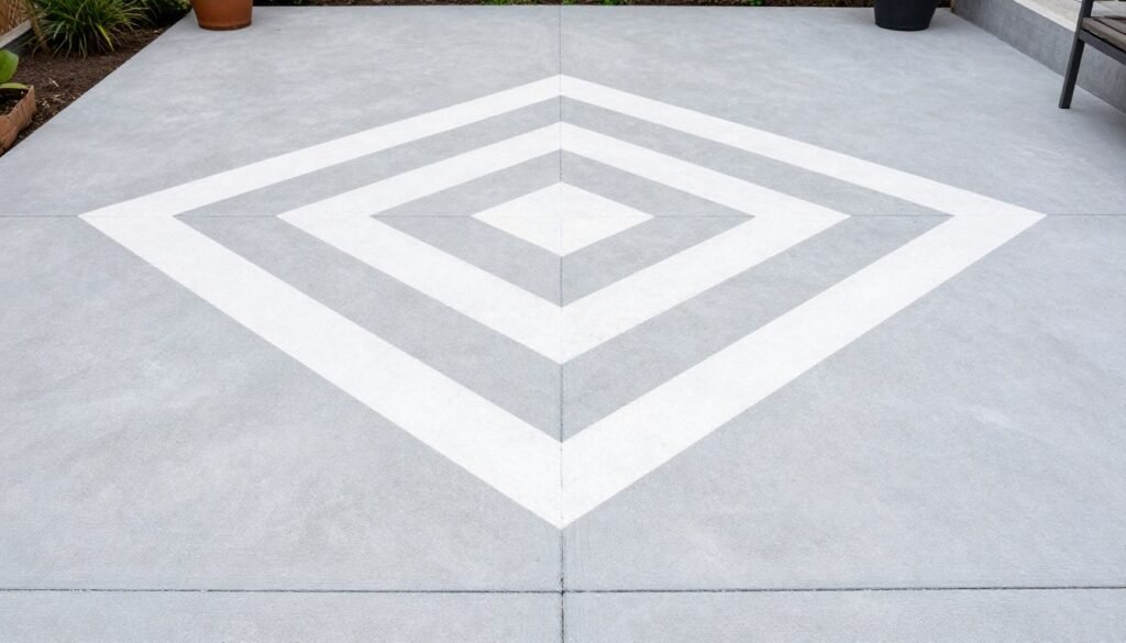 Concrete patio floor painted with a geometric pattern in gray and white Concrete patio floor painted with a geometric pattern in gray and white