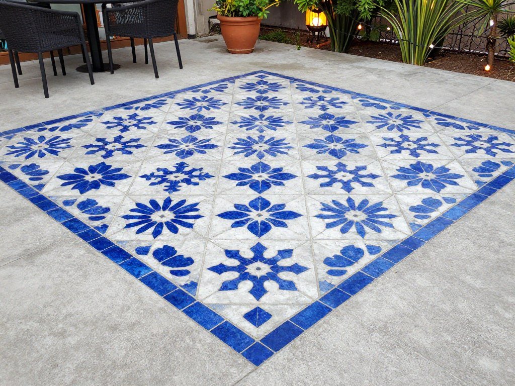 Concrete patio floor with stenciled pattern resembling tile or stone