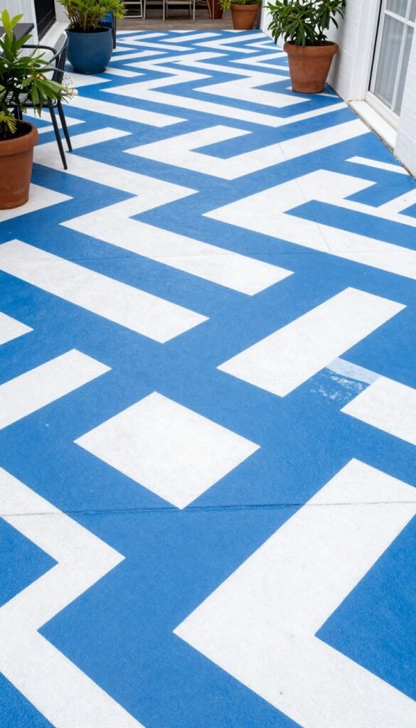Concrete patio painted with a geometric pattern in blue and white
