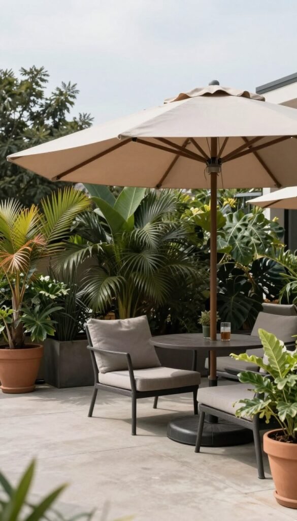 Concrete patio with a large cantilever umbrella providing shade over a seating area