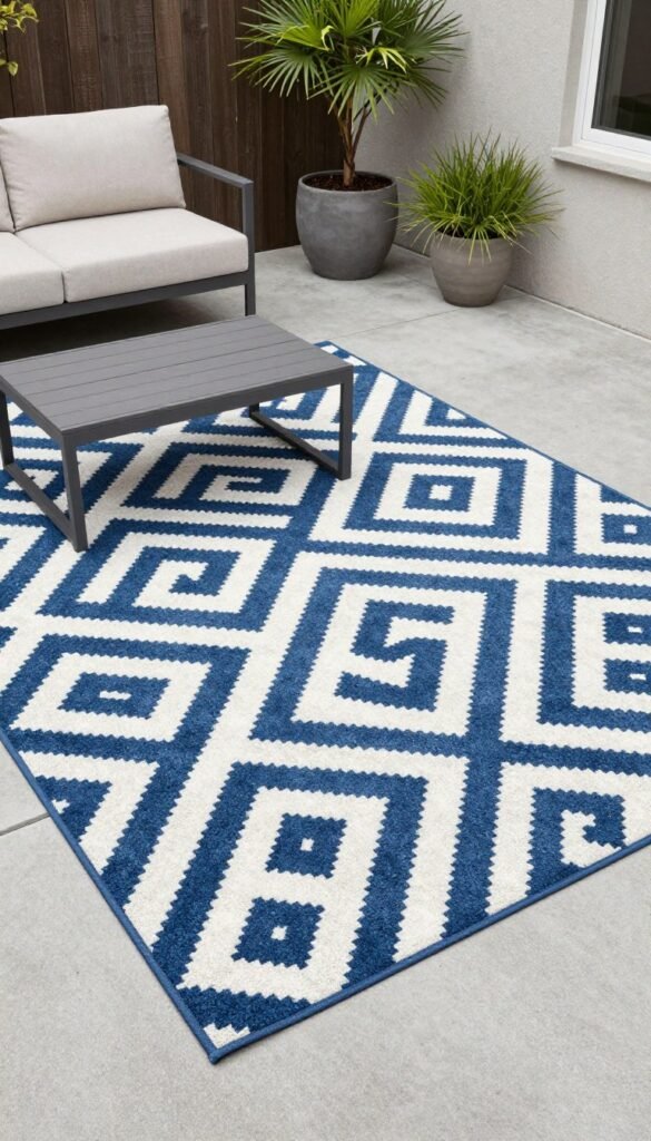 Concrete patio with a large geometric outdoor rug and modern furniture