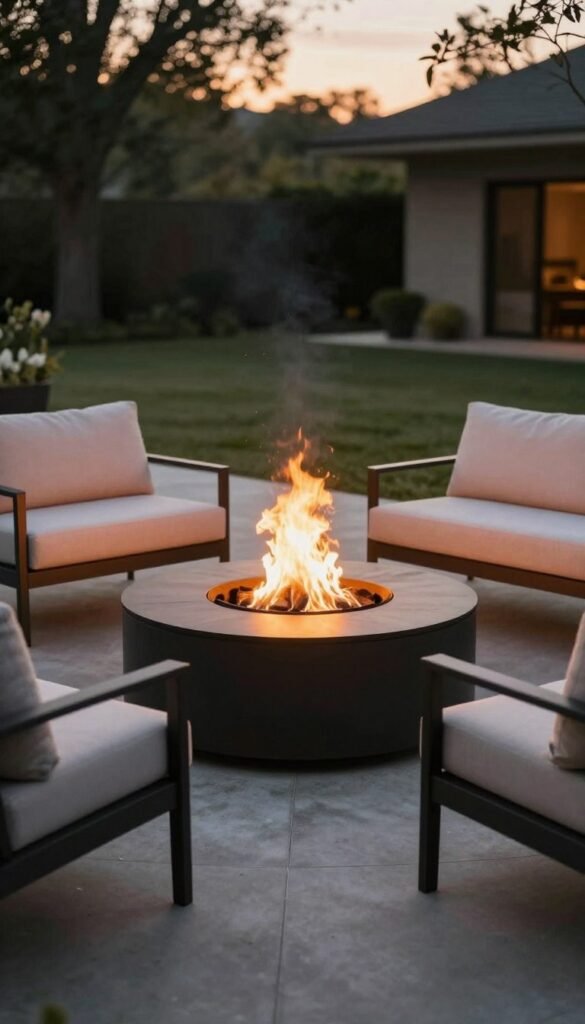 Concrete patio with a modern fire pit surrounded by comfortable seating