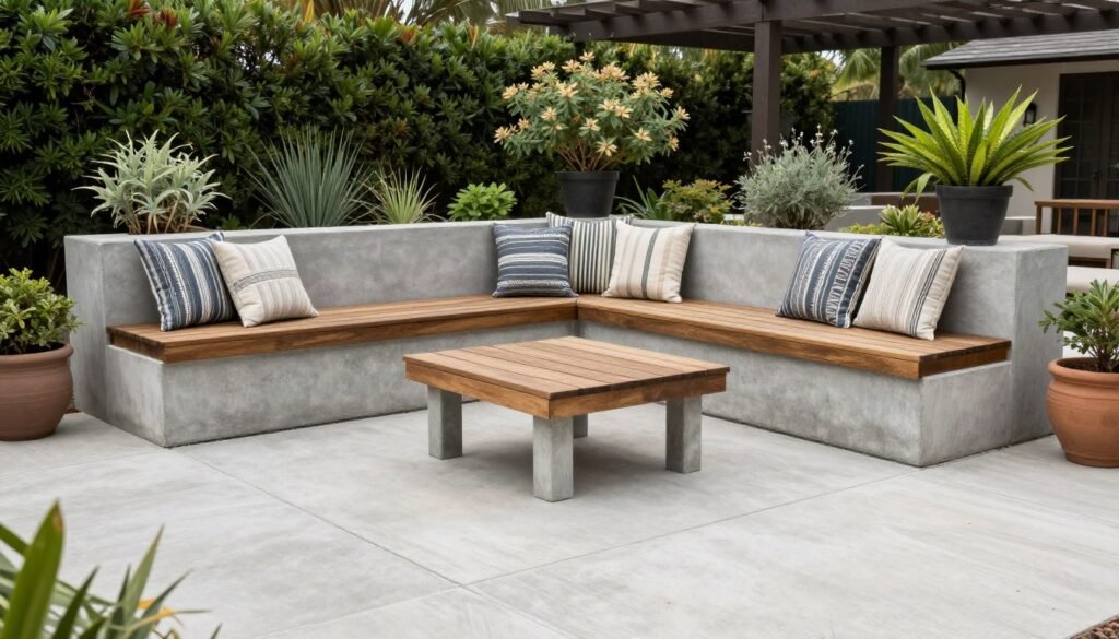 Concrete patio with built-in bench seating featuring wooden slat tops
