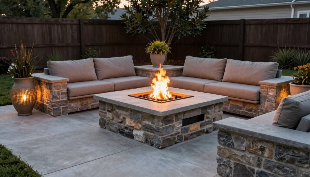 Concrete patio with built-in fire pit surrounded by comfortable seating