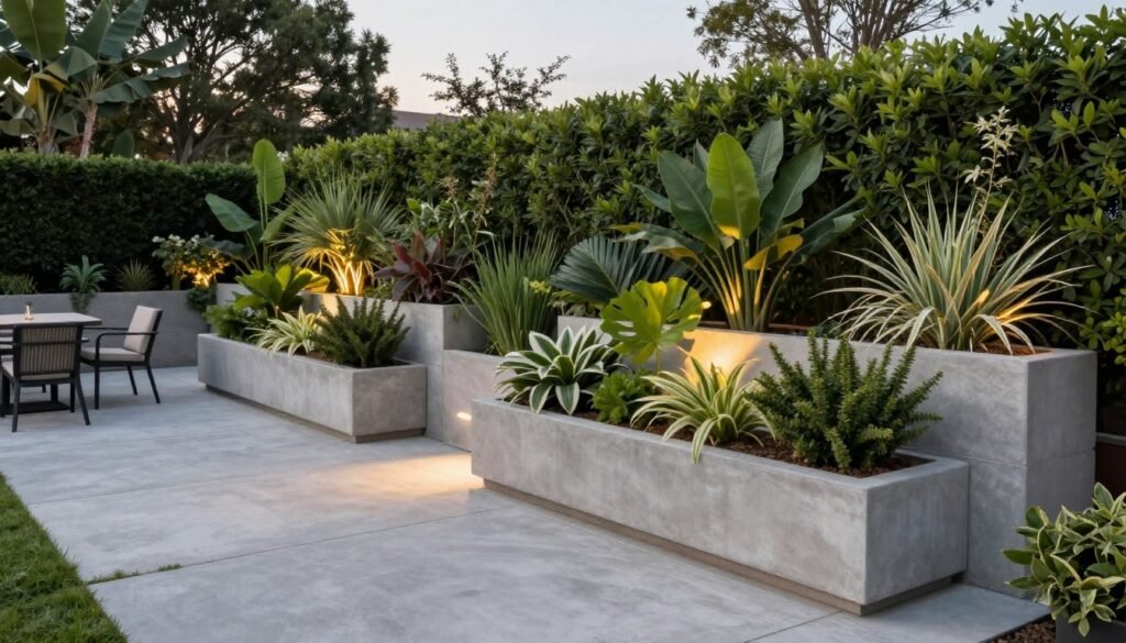 Concrete patio with built-in planters creating living privacy walls with lush greenery