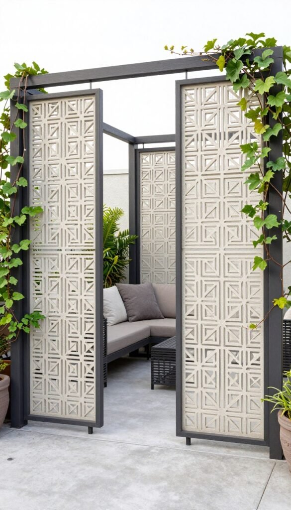 Concrete patio with decorative privacy screens and climbing plants