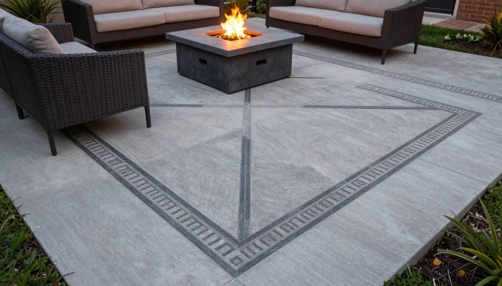 Concrete patio with decorative scoring in a geometric pattern highlighted with contrasting stain colors