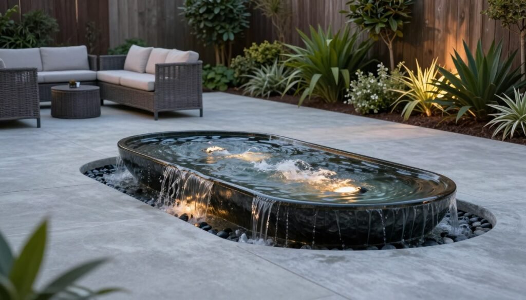 Concrete patio with decorative water feature creating a tranquil focal point