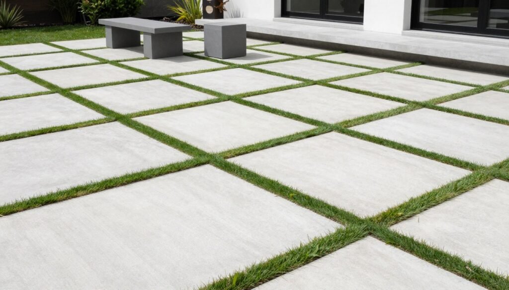 Concrete patio with grass joints in a modern grid pattern