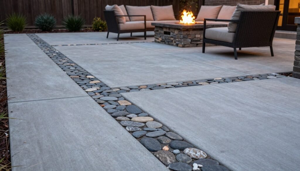 Concrete patio with inlaid river rock bands creating natural texture contrast