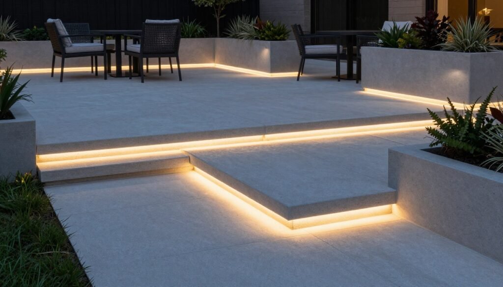 Concrete patio with inset LED strip lighting along edges and steps
