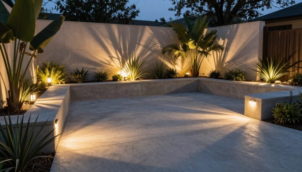 Concrete patio with landscape lighting highlighting architectural features and plants