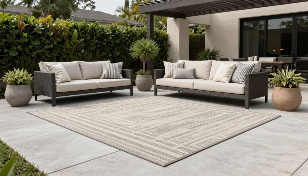Concrete patio with large outdoor area rug defining a comfortable seating area