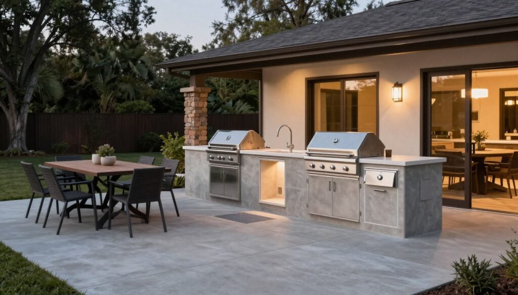 Concrete patio with outdoor kitchen and dining area creating a complete entertainment space