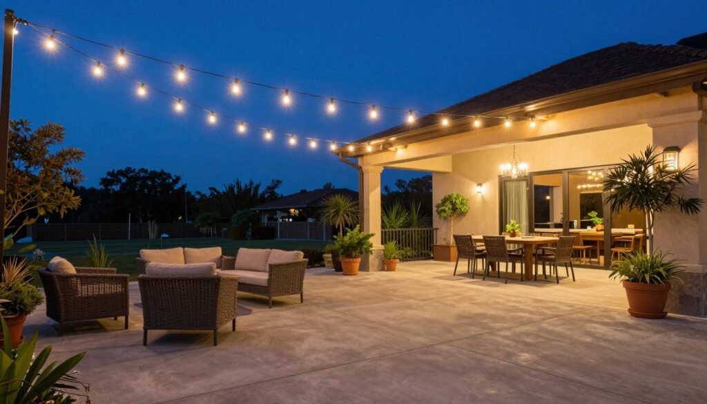 Concrete patio with overhead string lights creating a magical evening atmosphere