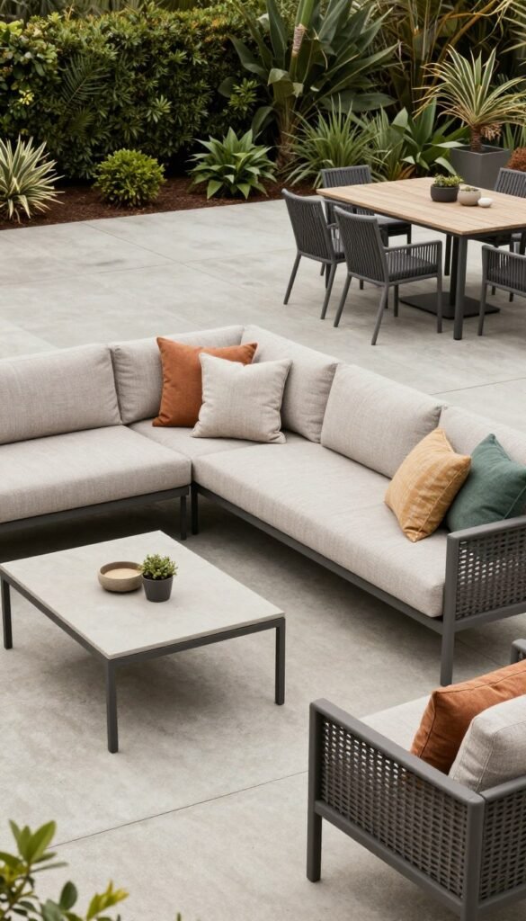 Concrete patio with sectional sofa, coffee table, and outdoor dining set