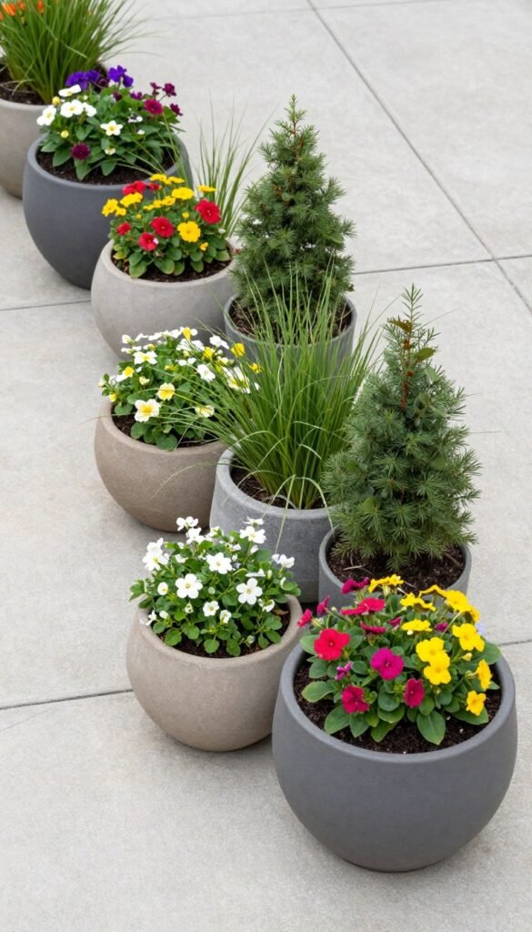 Concrete patio with various sized planters containing colorful flowers and greenery