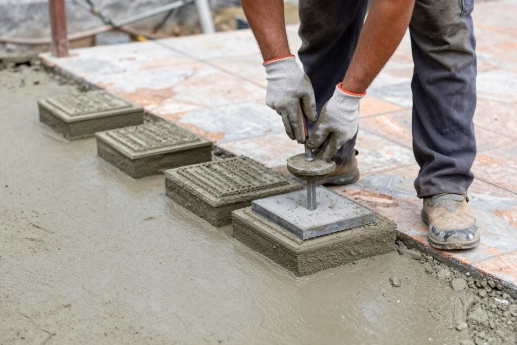 Concrete worker using tamping tools to press stamps into wet concrete Concrete worker using tamping tools to press stamps into wet concrete