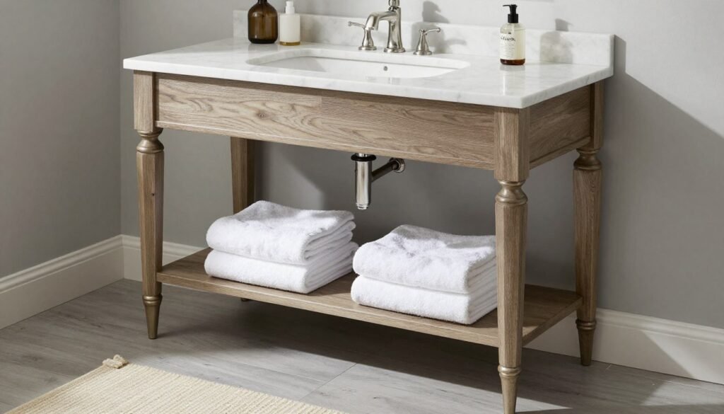 Console-style vanity with elegant legs and open shelf storage in a transitional bathroom