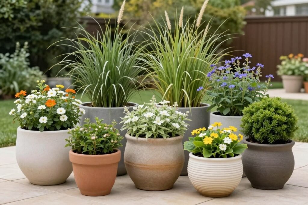 Container garden with various sized planters creating visual interest on a patio Container garden with various sized planters creating visual interest on a patio