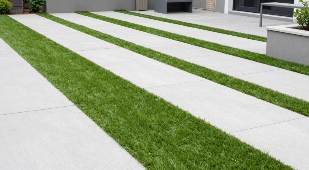 Contemporary backyard with linear strips of pavers and turf