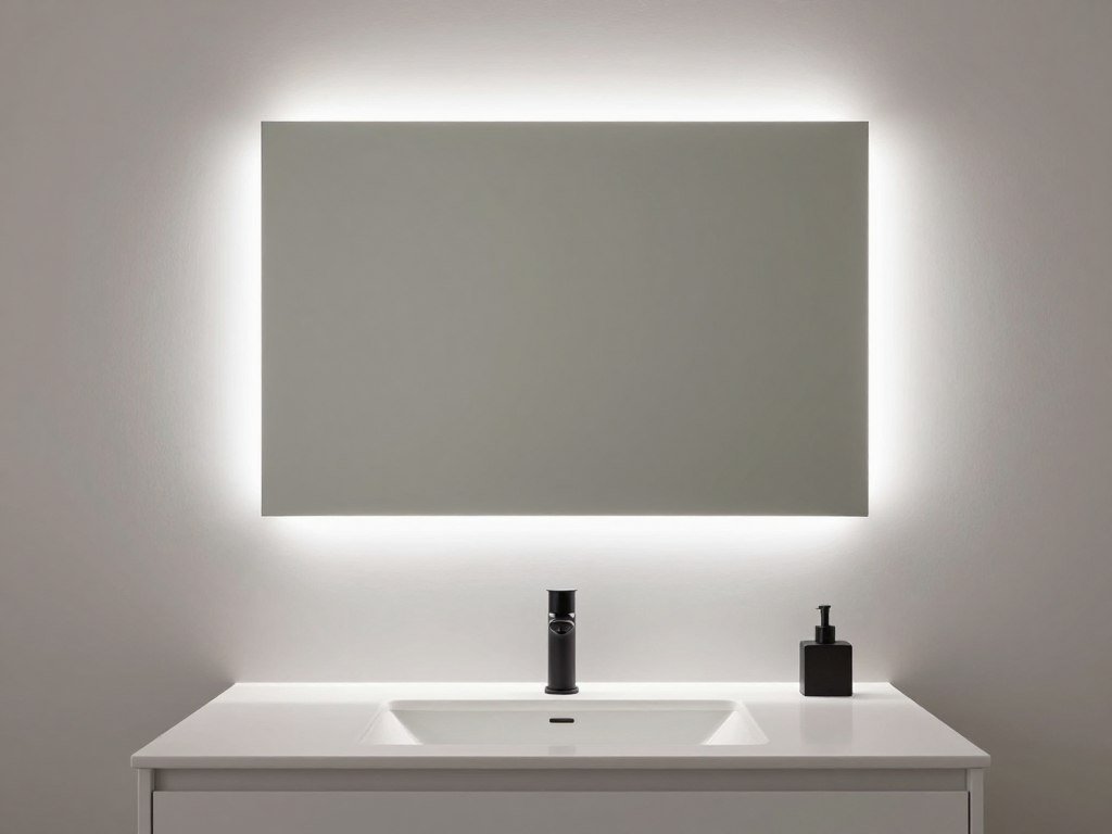 Contemporary bathroom with a backlit mirror creating a soft ambient glow around the edges