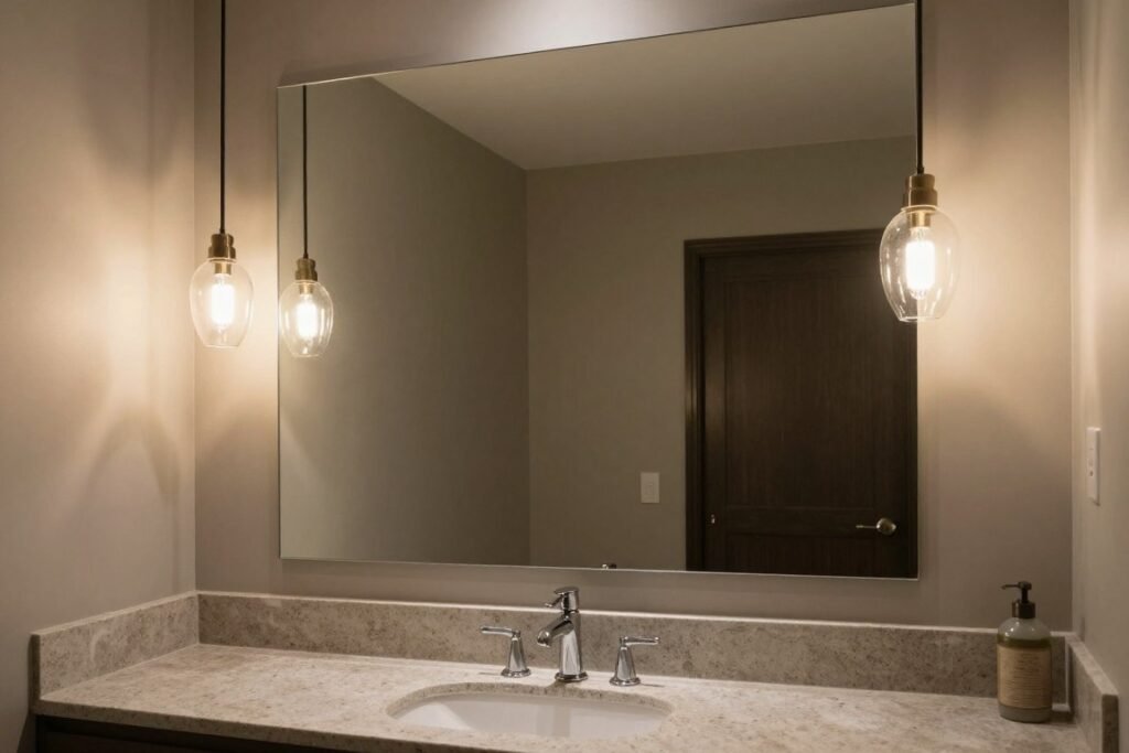 Contemporary bathroom with pendant lights hanging on both sides of mirror