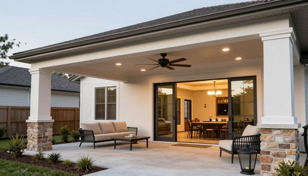 Contemporary covered patio with roof extension matching the home's architecture