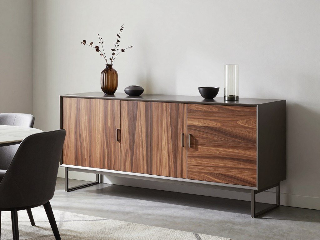Contemporary credenza dining room cabinet with mixed materials and sleek hardware Contemporary credenza dining room cabinet with mixed materials and sleek hardware