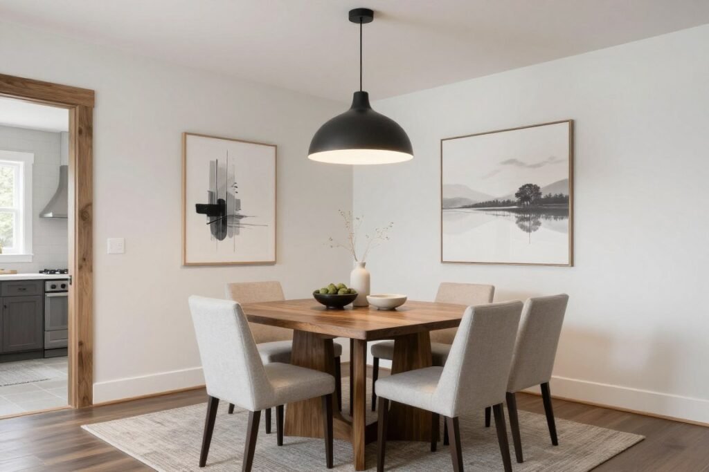 Contemporary elements in a modern farmhouse dining room including sleek lighting and clean-lined furniture Contemporary elements in a modern farmhouse dining room including sleek lighting and clean-lined furniture