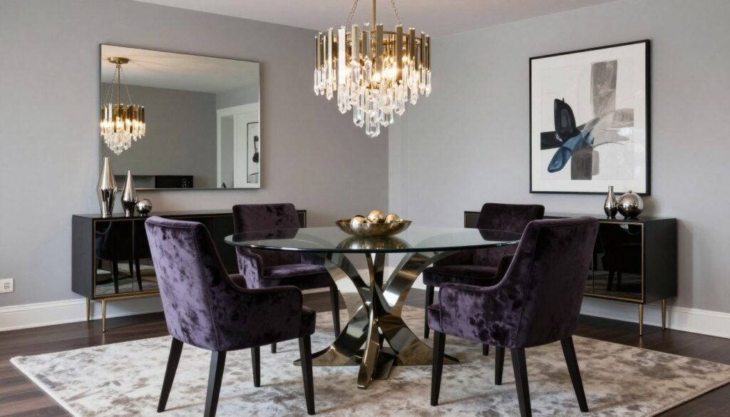 Contemporary glam dining room with velvet chairs, glass table, and statement chandelier