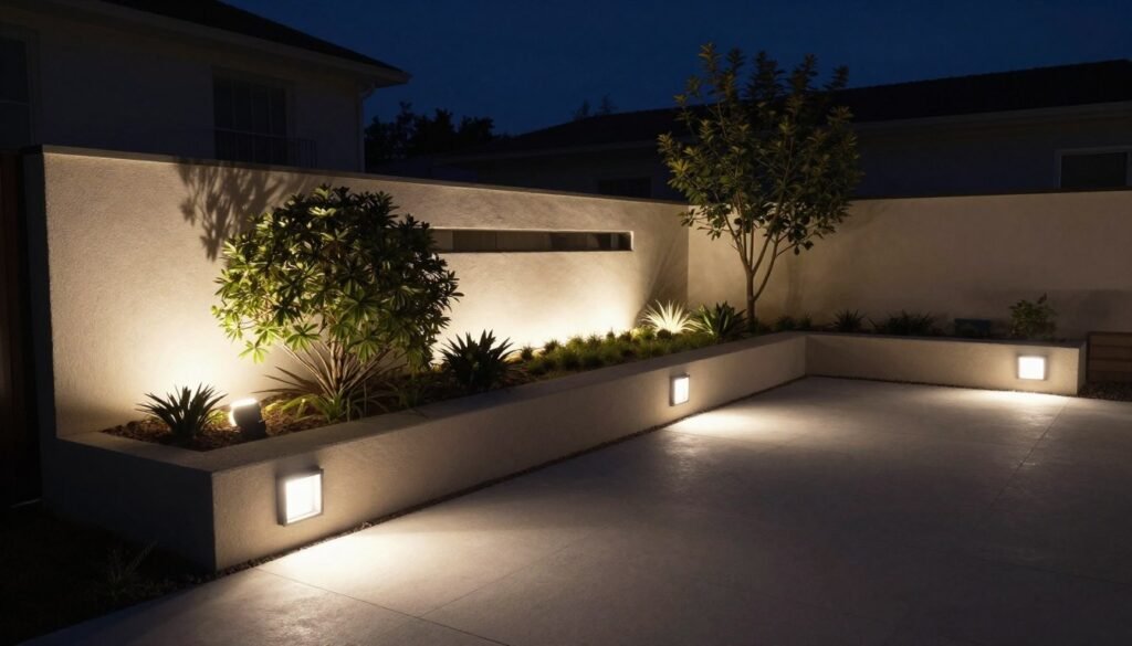 Contemporary landscape lighting highlighting architectural elements in modern backyard design