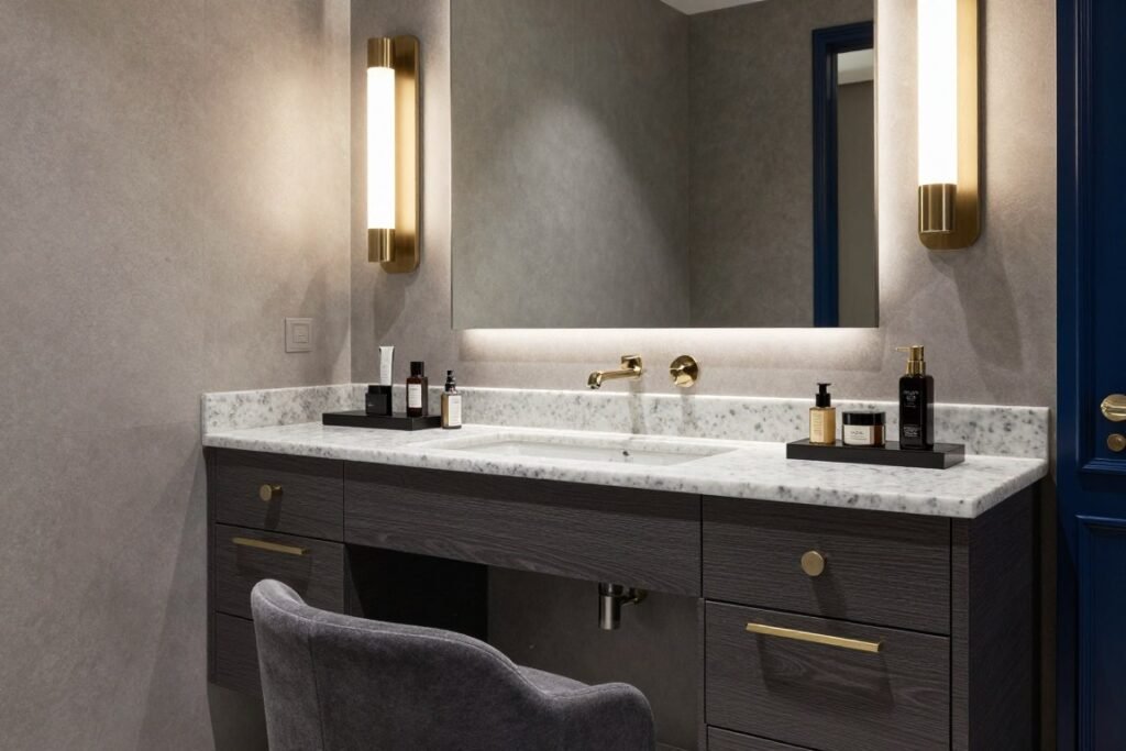 Contemporary luxe vanity room with high-end finishes and sophisticated design Contemporary luxe vanity room with high-end finishes and sophisticated design