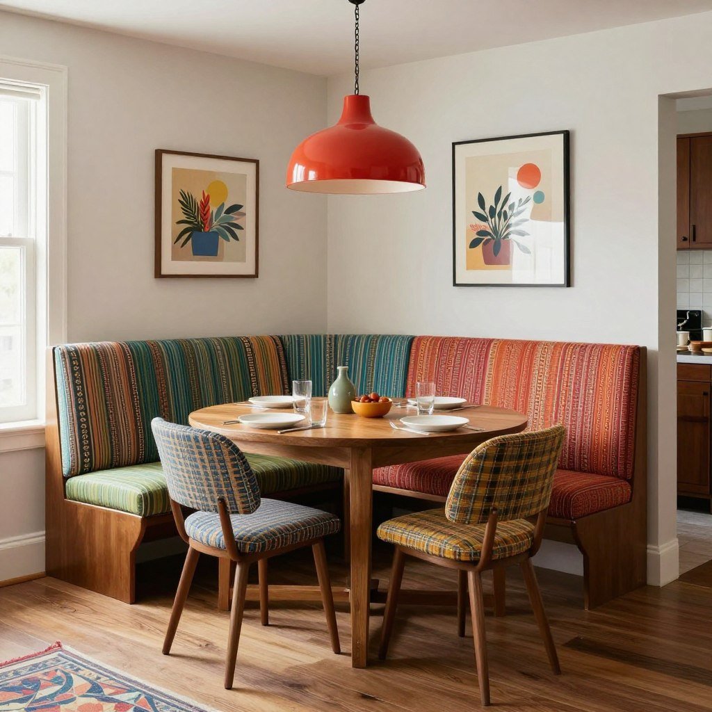 Contrasting dining banquette bench with bold colors and patterns