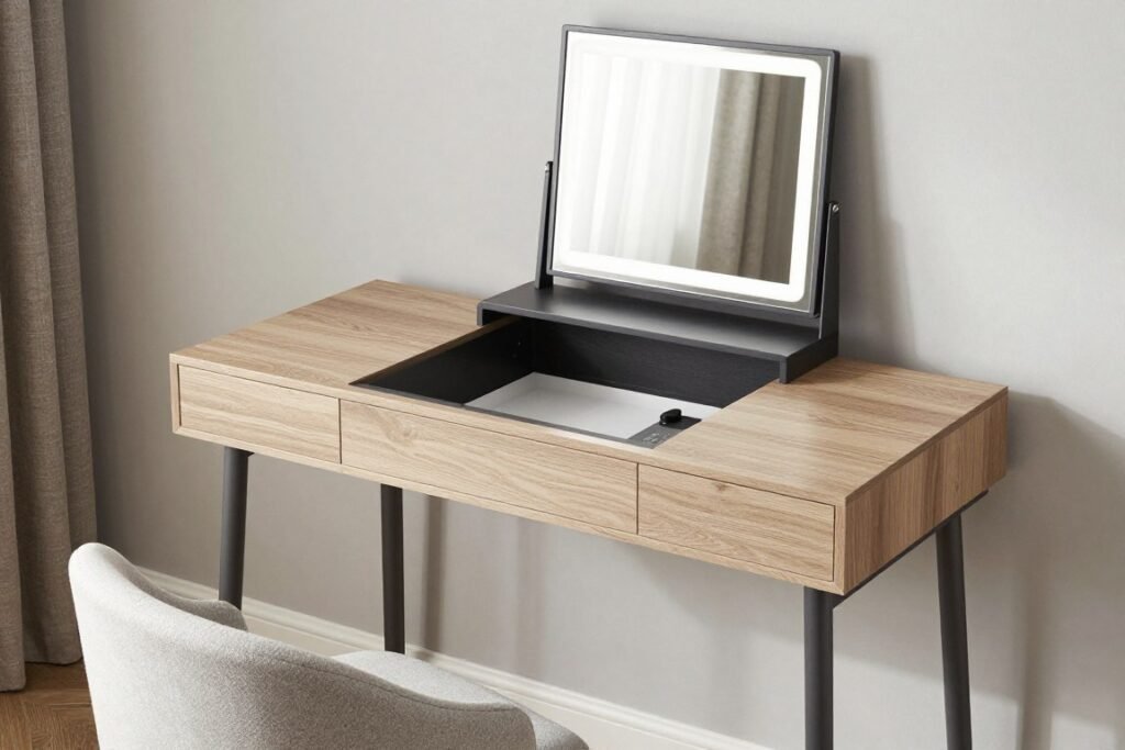 Convertible desk/vanity with hidden makeup storage and mirror Convertible desk/vanity with hidden makeup storage and mirror