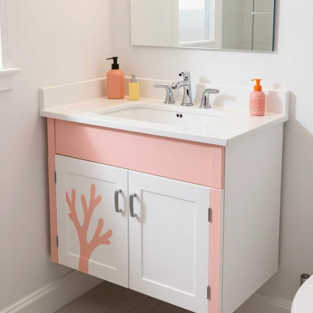Coral painted bathroom vanity with white countertop in a bright, cheerful bathroom