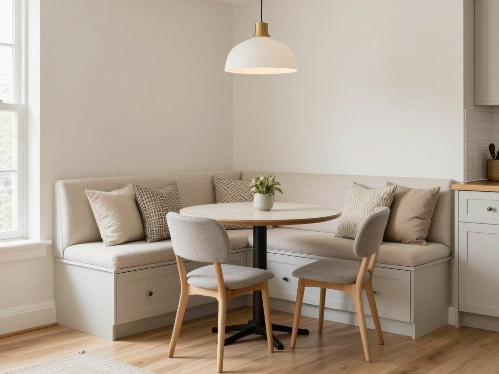 Corner banquette seating with small round table in kitchen nook