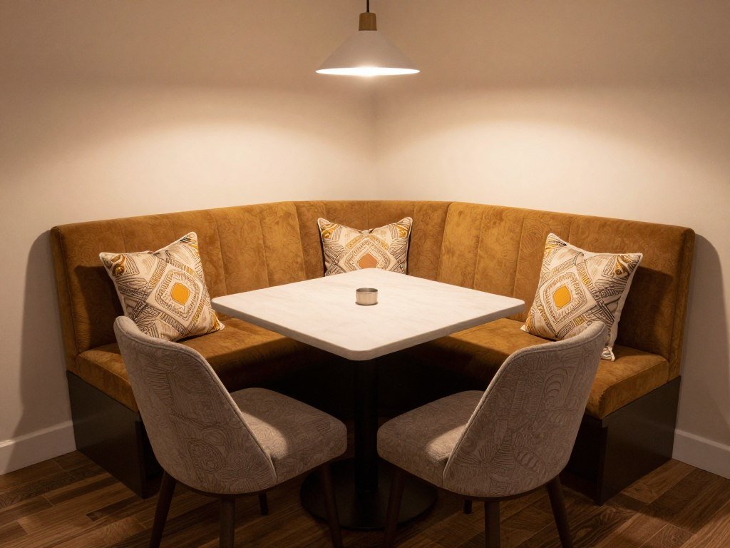Corner breakfast nook with L-shaped banquette and small table