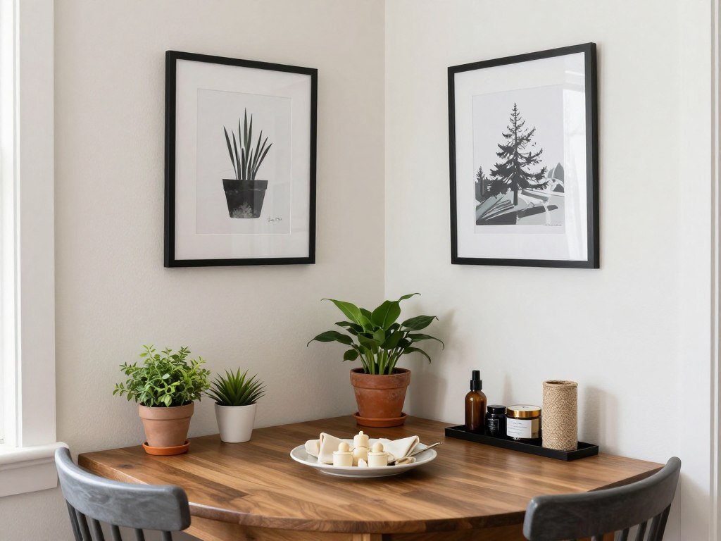 Corner dining nook decorated with plants, artwork, and personal accessories